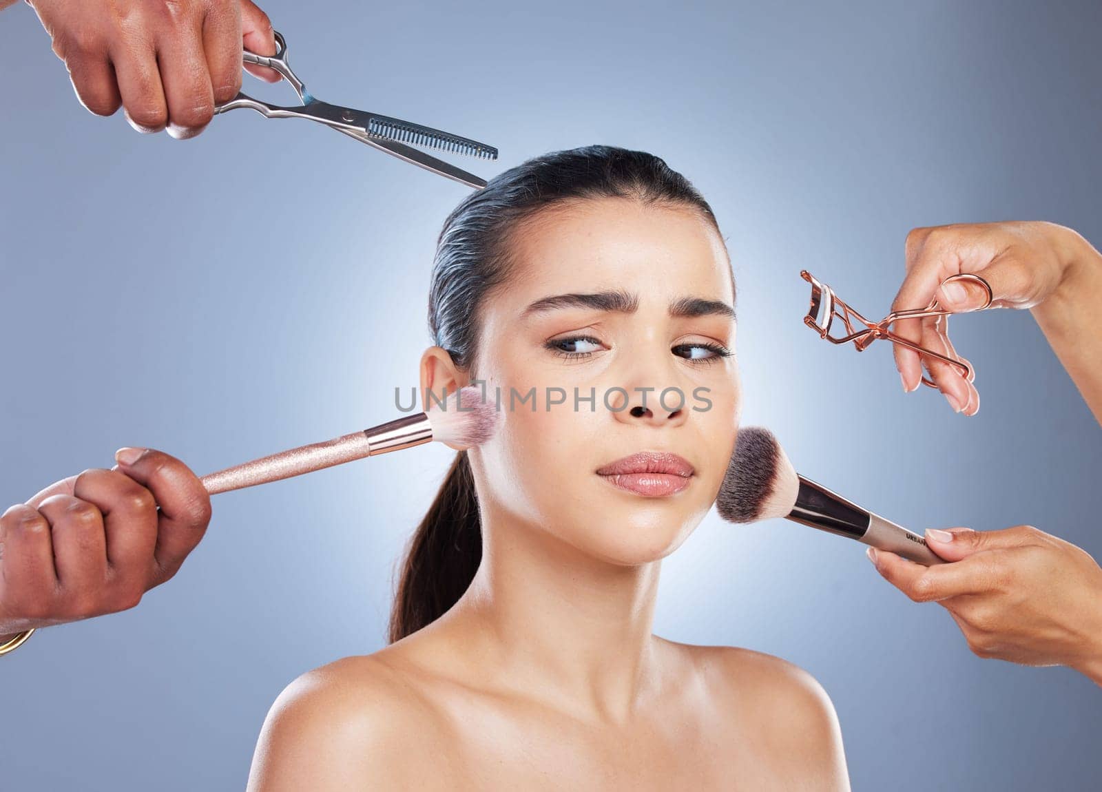 Brush, makeup and face of woman with doubt in studio for wellness, beauty and cosmetics on blue background. Cosmetology, salon and confused female person for application, foundation and products.