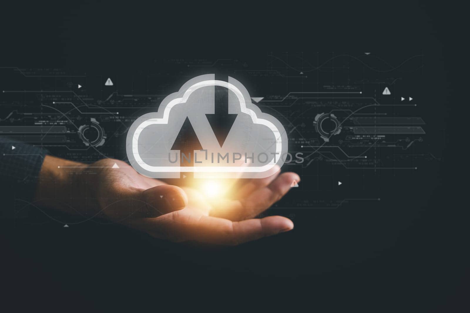 With a firm grasp on the cloud computing icon, the businessman exemplifies the benefits of cloud technology. Effortless data transfer and robust online storage for business network on the internet.