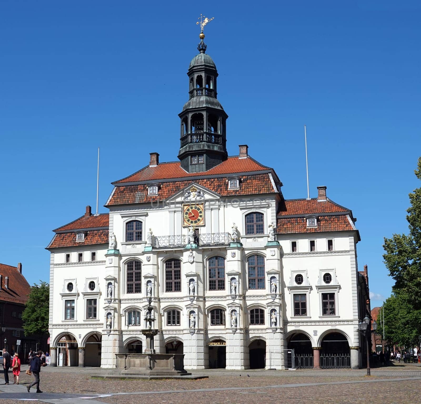 Lüneburg, Germany - July 7, 2023 The old townhall of Lueneburg (Lüneburg). The facade of this medieval building was completed in 1720