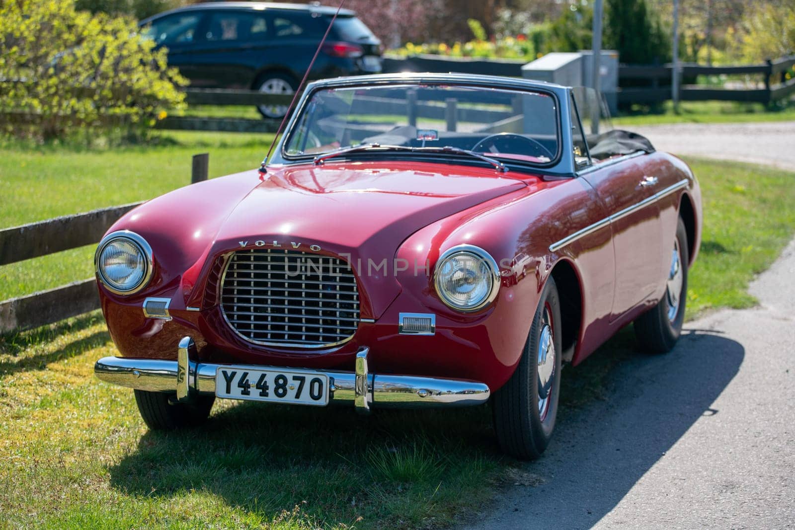 Gothenburg, Sweden - May 5, 2018 - The Volvo Sport (known as P1900) is a Swedish fiberglass-bodied roadster of which sixty-eight units were built. Parked on the grass, regular city roads