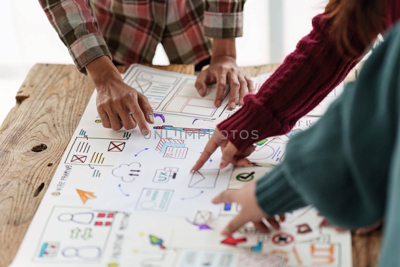 Close up ux developer and ui designer brainstorming interface wireframe design.Creative digital development agency.