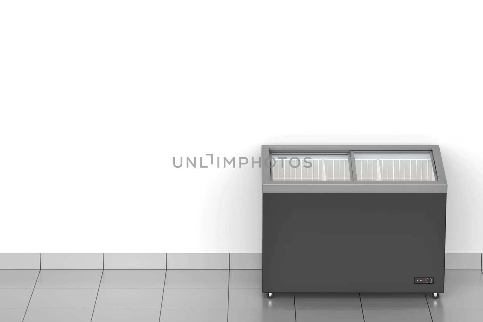 Empty glass door chest freezer in supermarket by magraphics