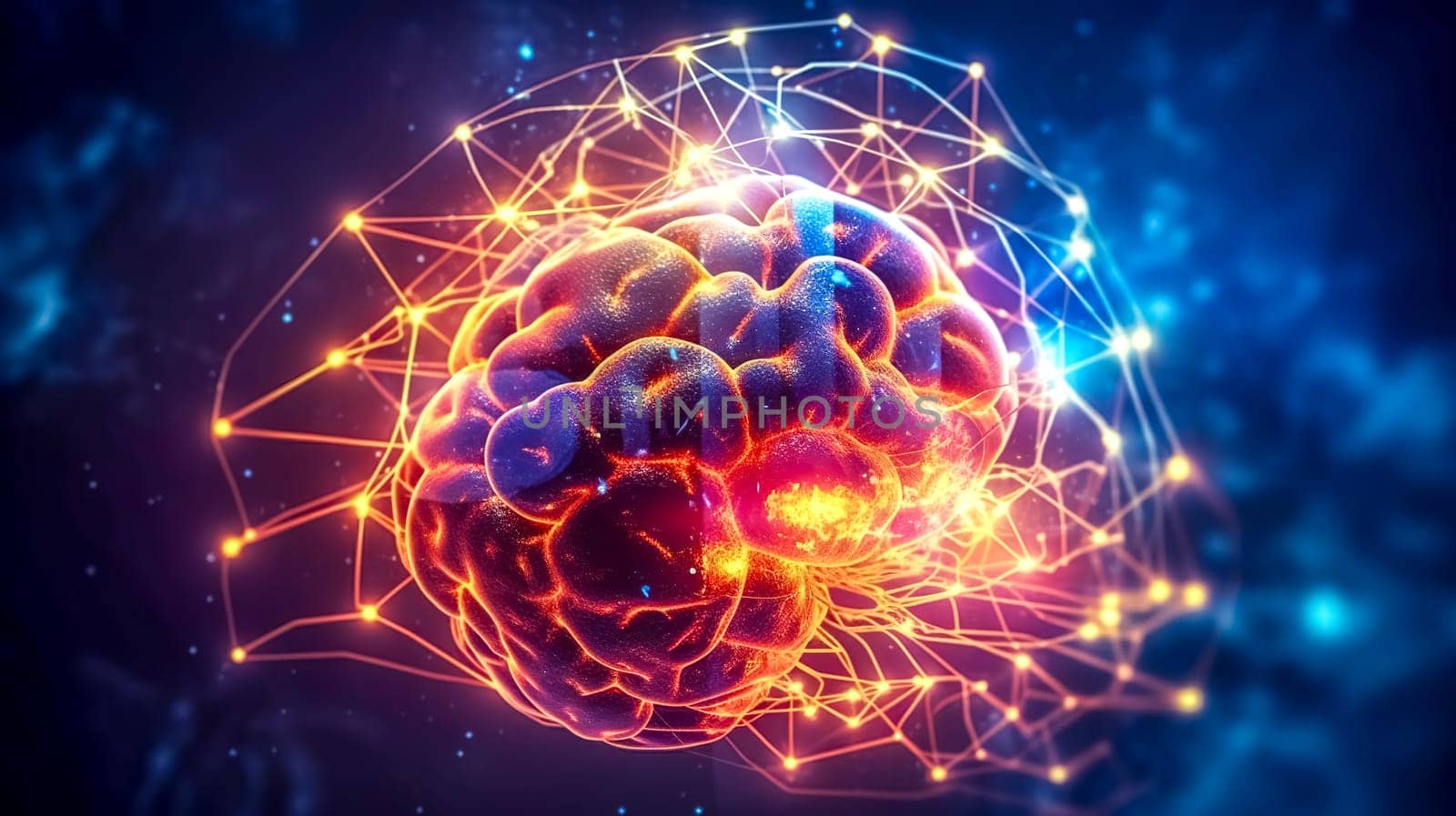 neural networks in the brain, neon lights, thinking and intelligence, made with Generative AI. High quality illustration