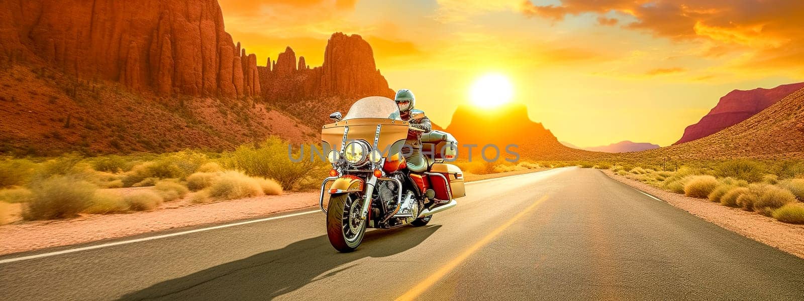 motorbike on the highway at sunset, banner made with Generative AI by Edophoto