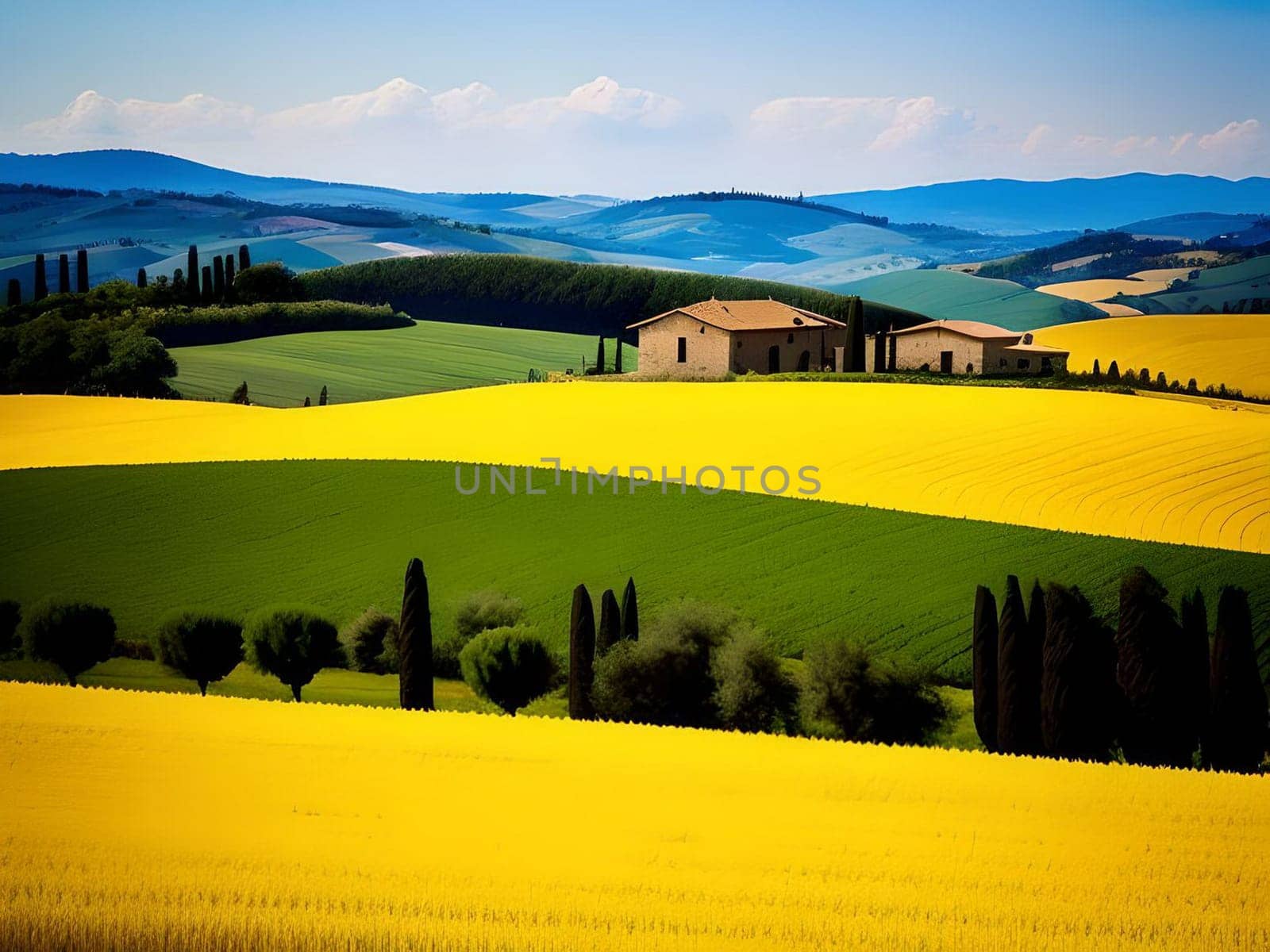 Immerse yourself in the tranquil splendor of a rustic farmhouse nestled amidst the picturesque rolling hills of Tuscany, Italy. This breathtaking panoramic view, created by artificial intelligence, captures the essence of the region's idyllic countryside, showcasing the charm and serenity of a traditional farm house in perfect harmony with its natural surroundings. Lose yourself in the captivating allure of Tuscany's lush landscapes and let this enchanting image transport you to a world of unparalleled beauty.