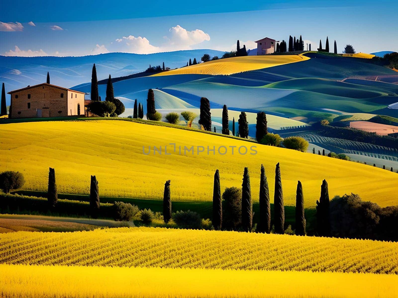 Immerse yourself in the tranquil splendor of a rustic farmhouse nestled amidst the picturesque rolling hills of Tuscany, Italy. This breathtaking panoramic view, created by artificial intelligence, captures the essence of the region's idyllic countryside, showcasing the charm and serenity of a traditional farm house in perfect harmony with its natural surroundings. Lose yourself in the captivating allure of Tuscany's lush landscapes and let this enchanting image transport you to a world of unparalleled beauty.