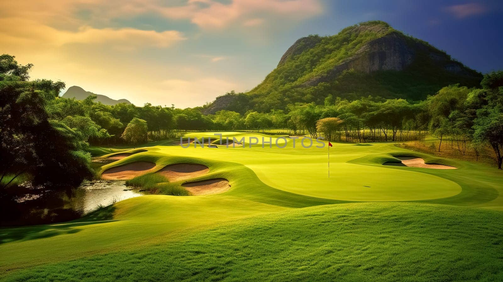golf course in nature with a lake, banner made with Generative AI. High quality illustration