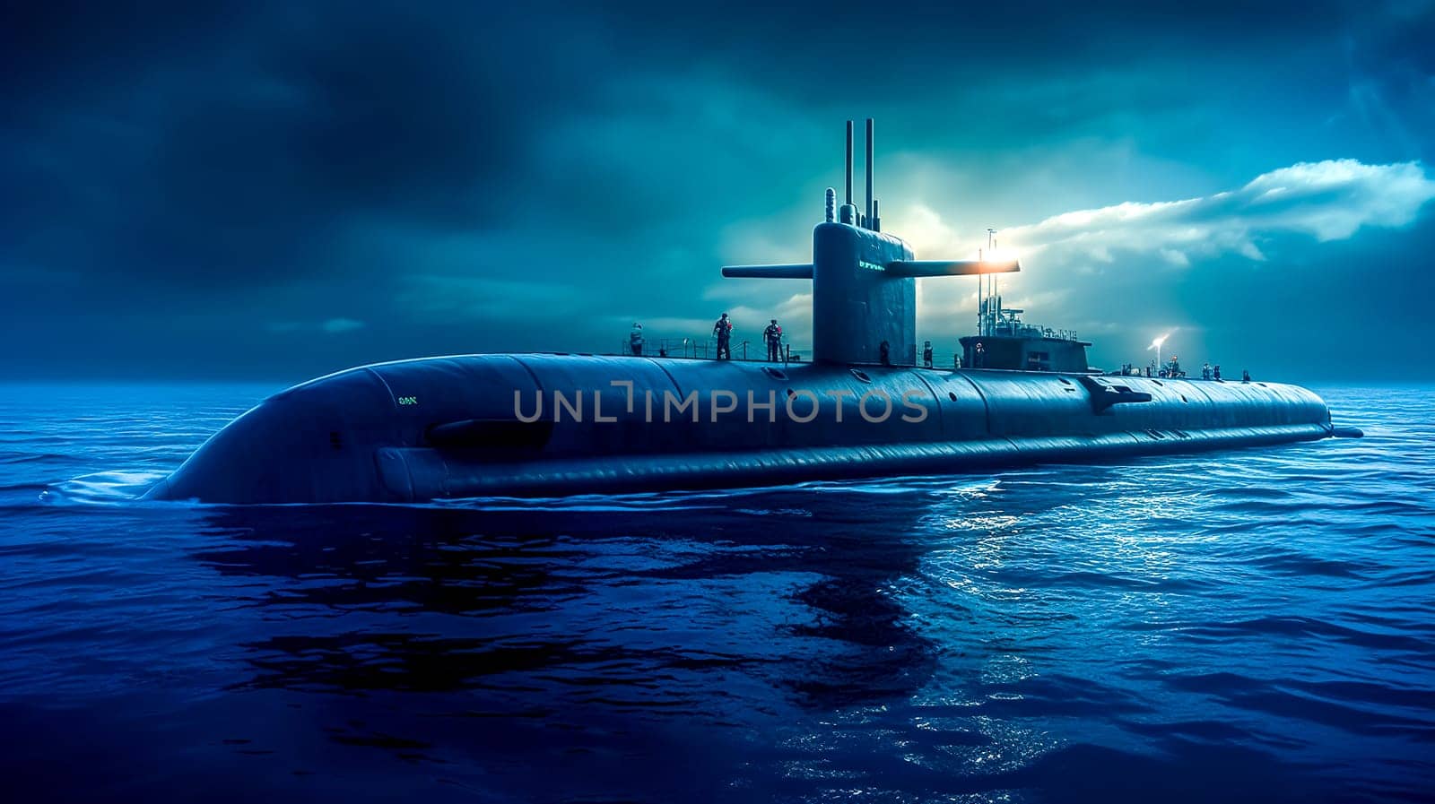 military submarine on the water surface of the ocean, banner made with Generative AI. High quality illustration