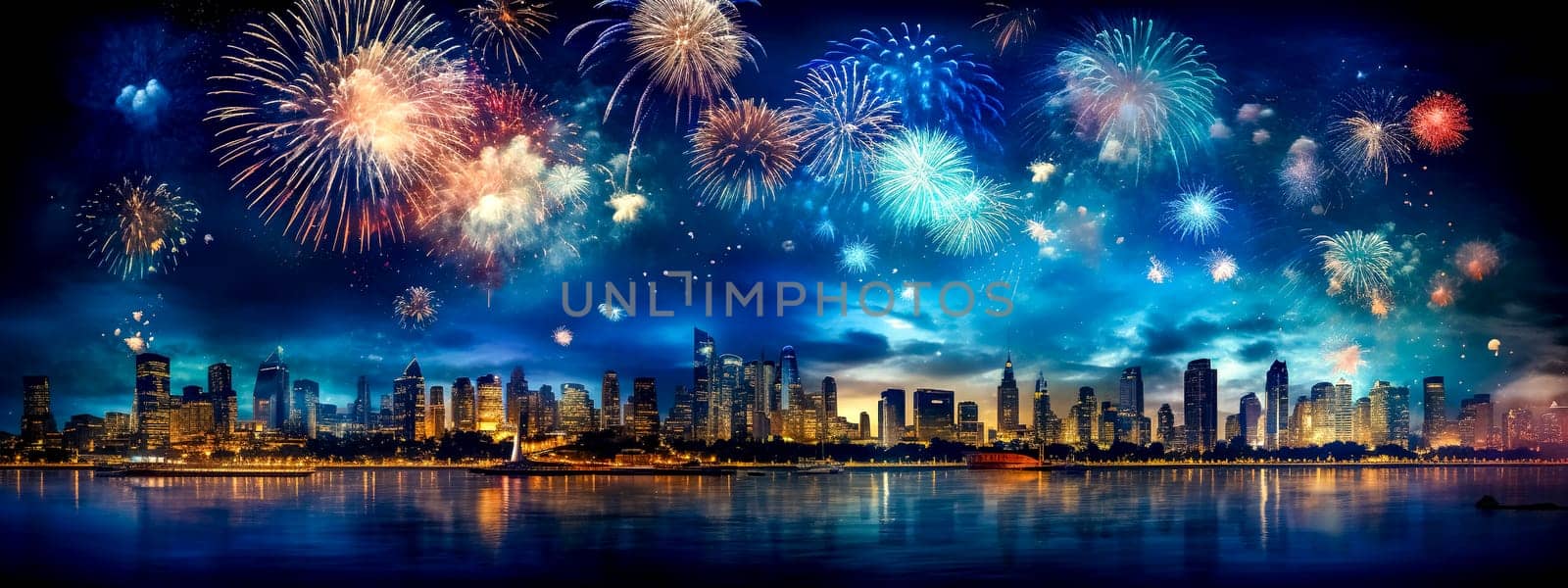 bright colorful fireworks over the city, made with Generative AI. High quality illustration