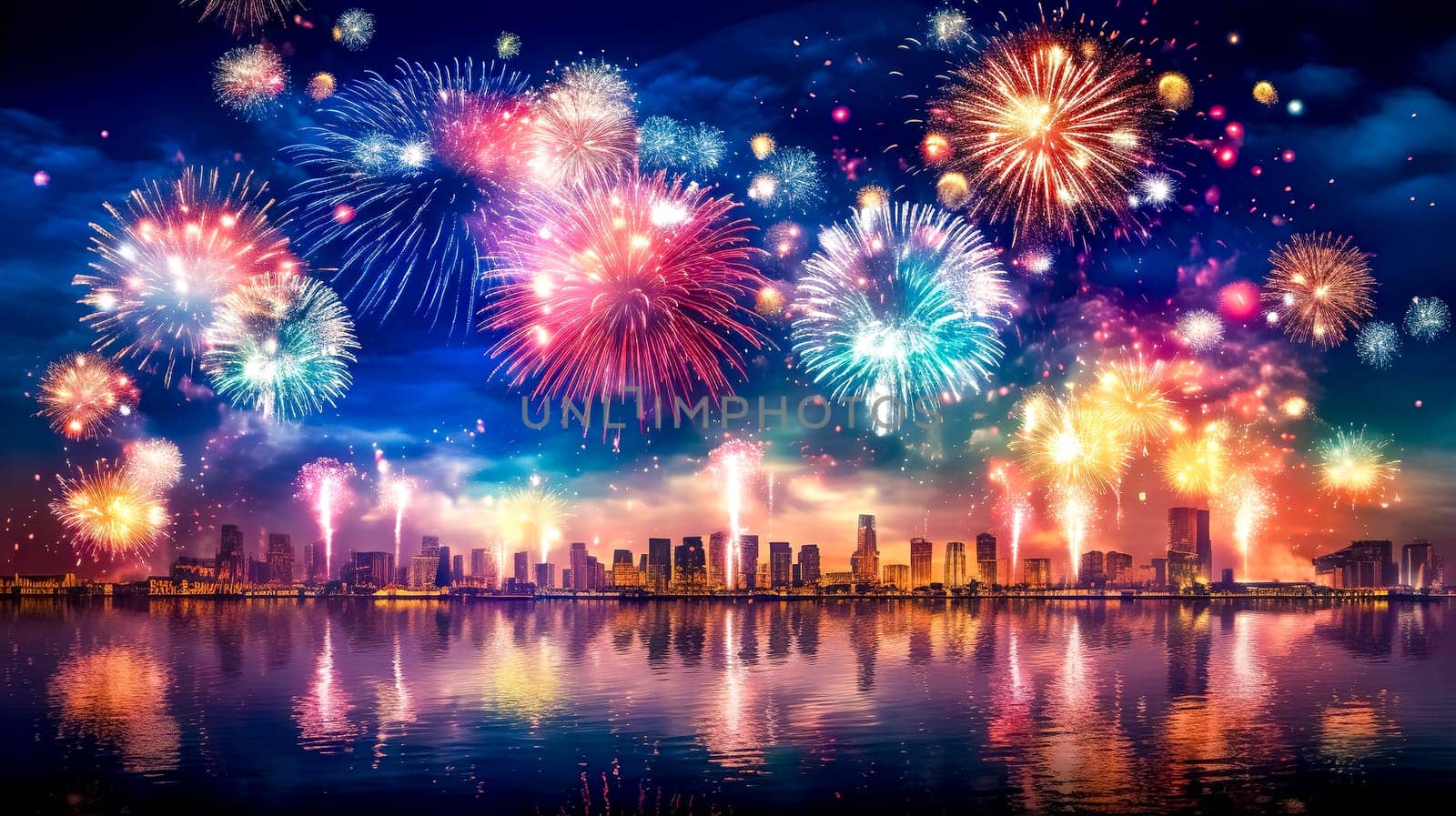 bright colorful fireworks over the city, made with Generative AI. High quality illustration
