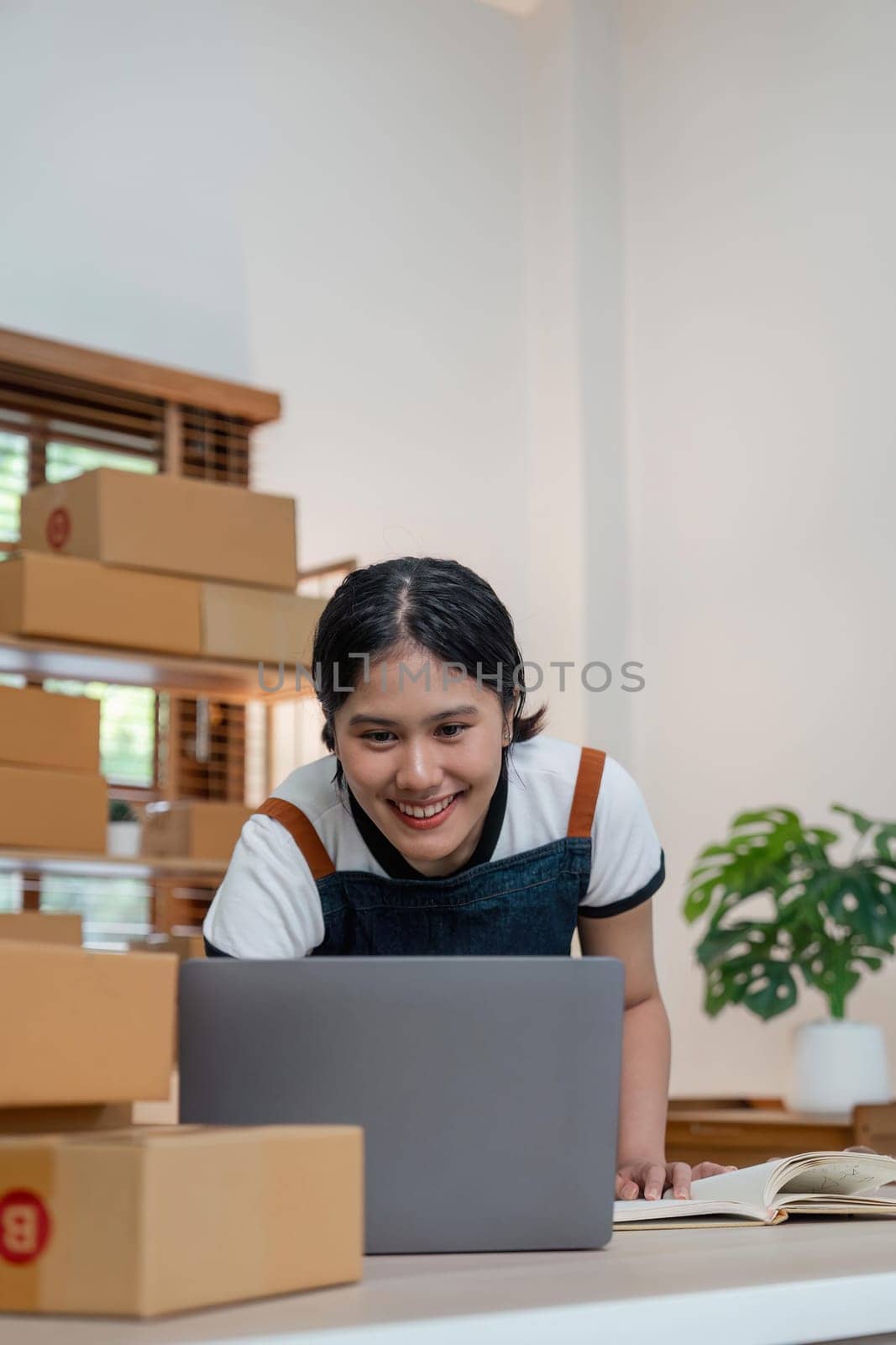 Starting small businesses SME owners female entrepreneurs check online orders to prepare to pack the boxes, sell to customers, business ideas online.