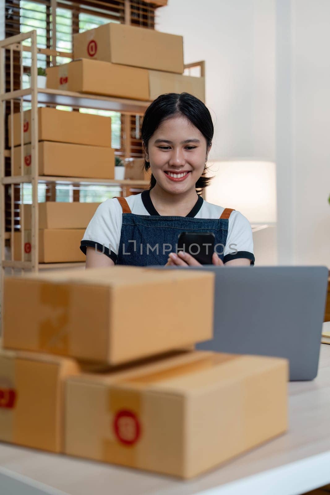 Starting small businesses SME owners female entrepreneurs check online orders to prepare to pack the boxes, sell to customers, business ideas online.