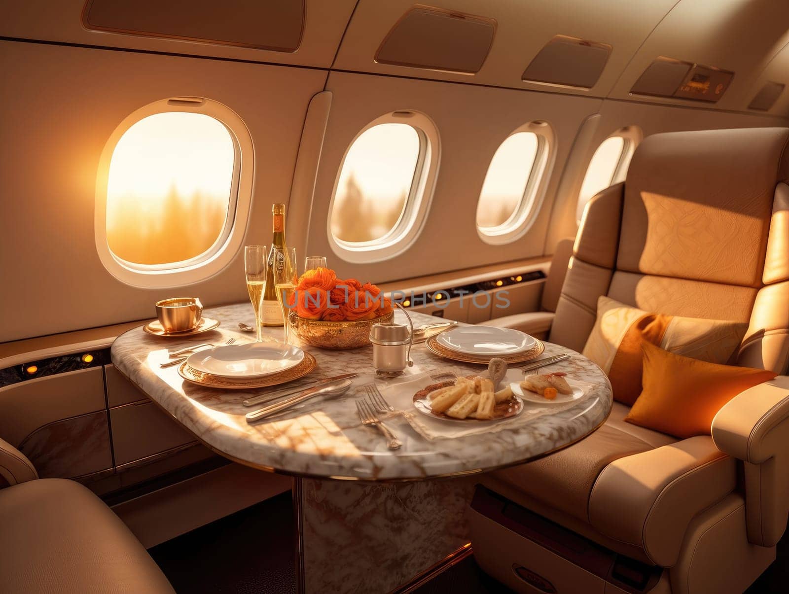 A private jet in the style of modern with a dining set on the table, sunlight shines through a window. Generative AI.