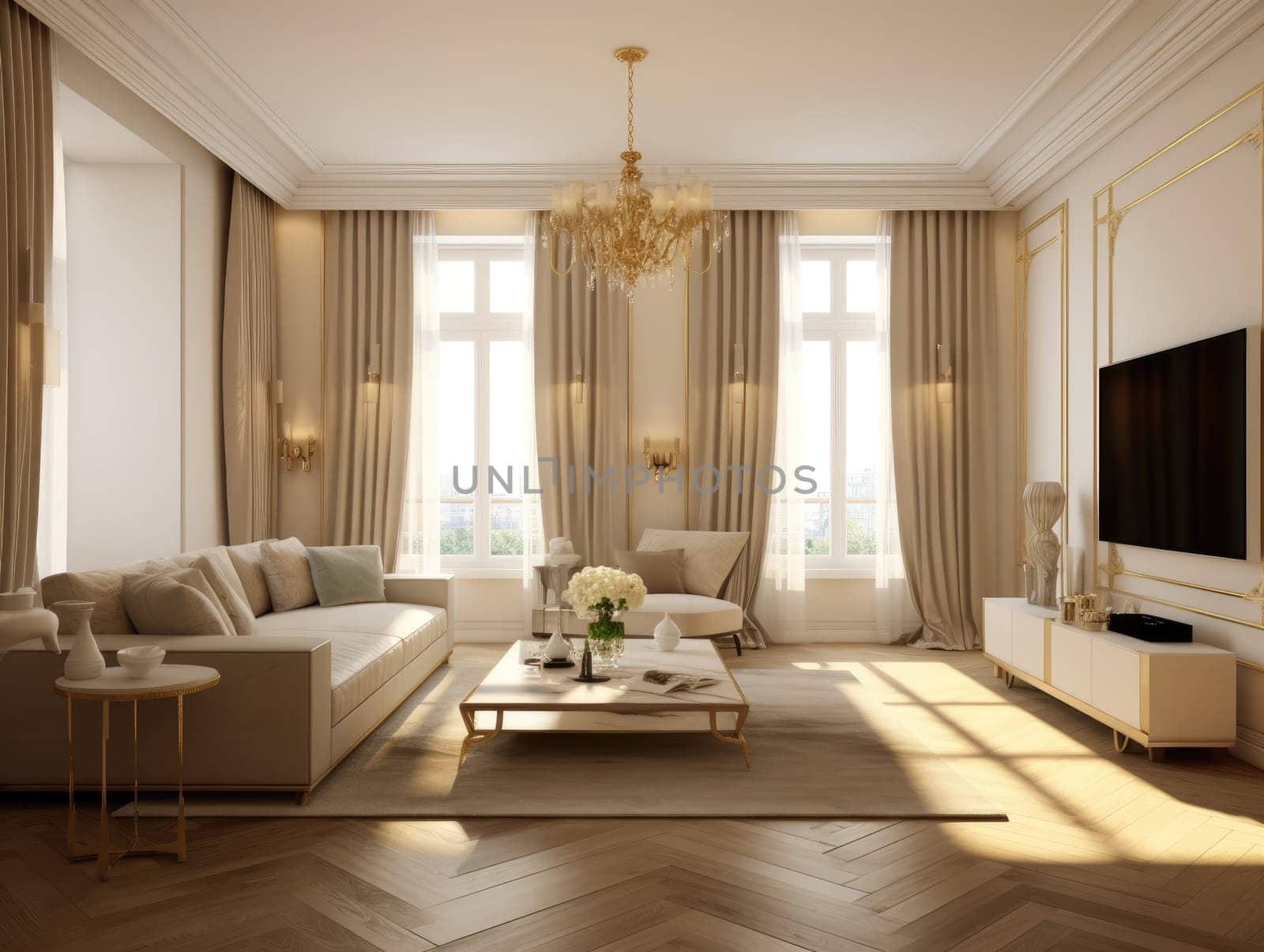 luxury living room in the style of white and gold with a TV on the cabinet, a sofa, and an expansive window. Generative AI.