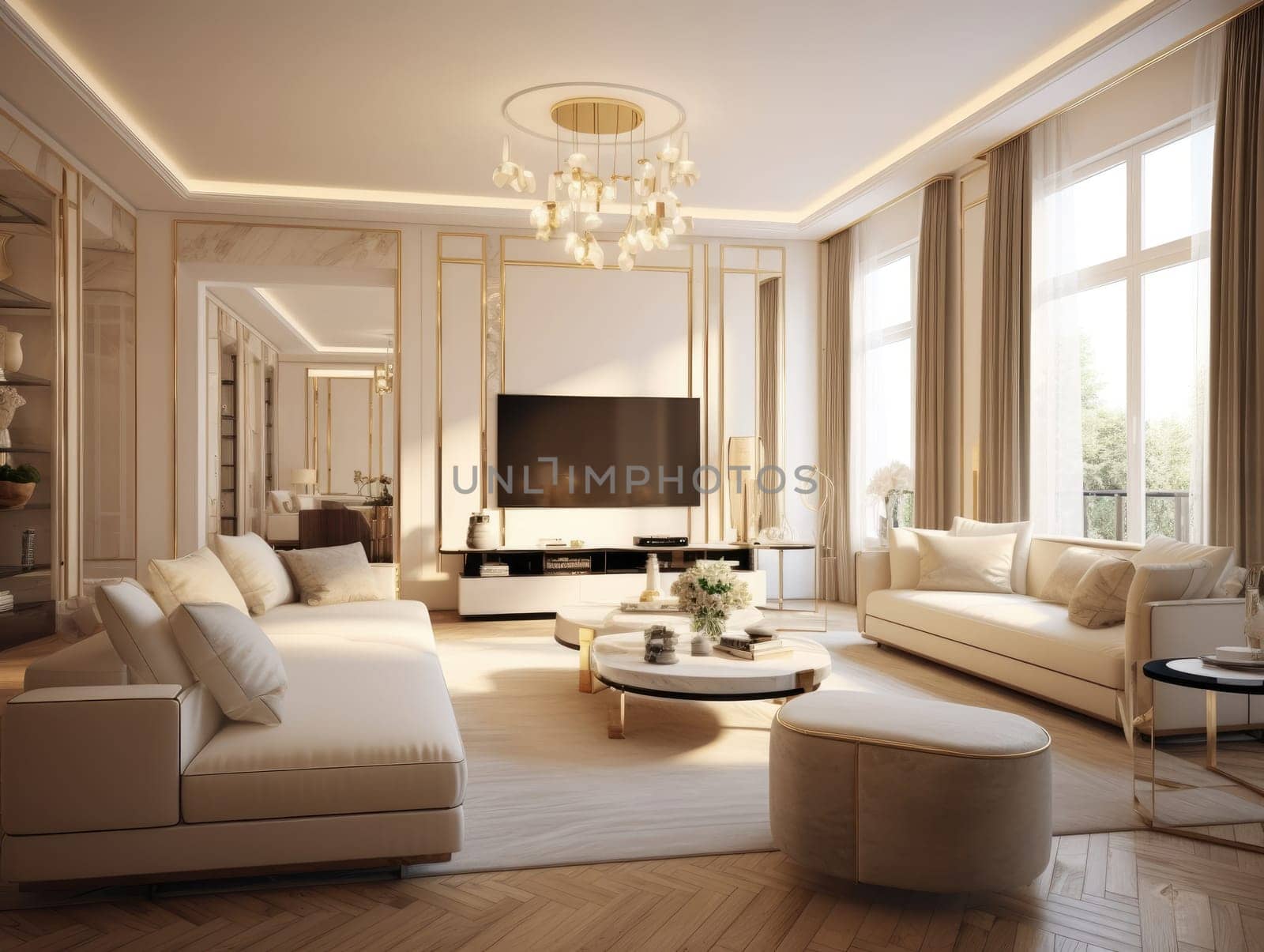 luxury living room in the style of white and gold with a TV on the cabinet, a sofa, and an expansive window. Generative AI.