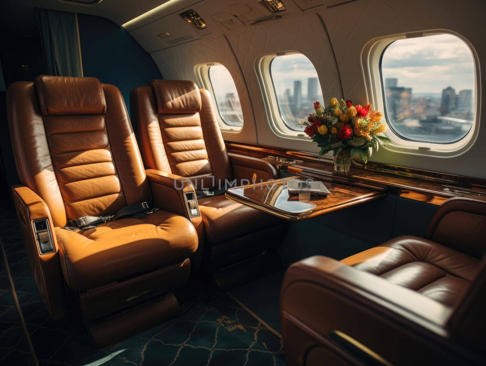 A business jet sits with tables and other seating in the style of dark beige and brown, and sunlight shines through the window. Generative AI.