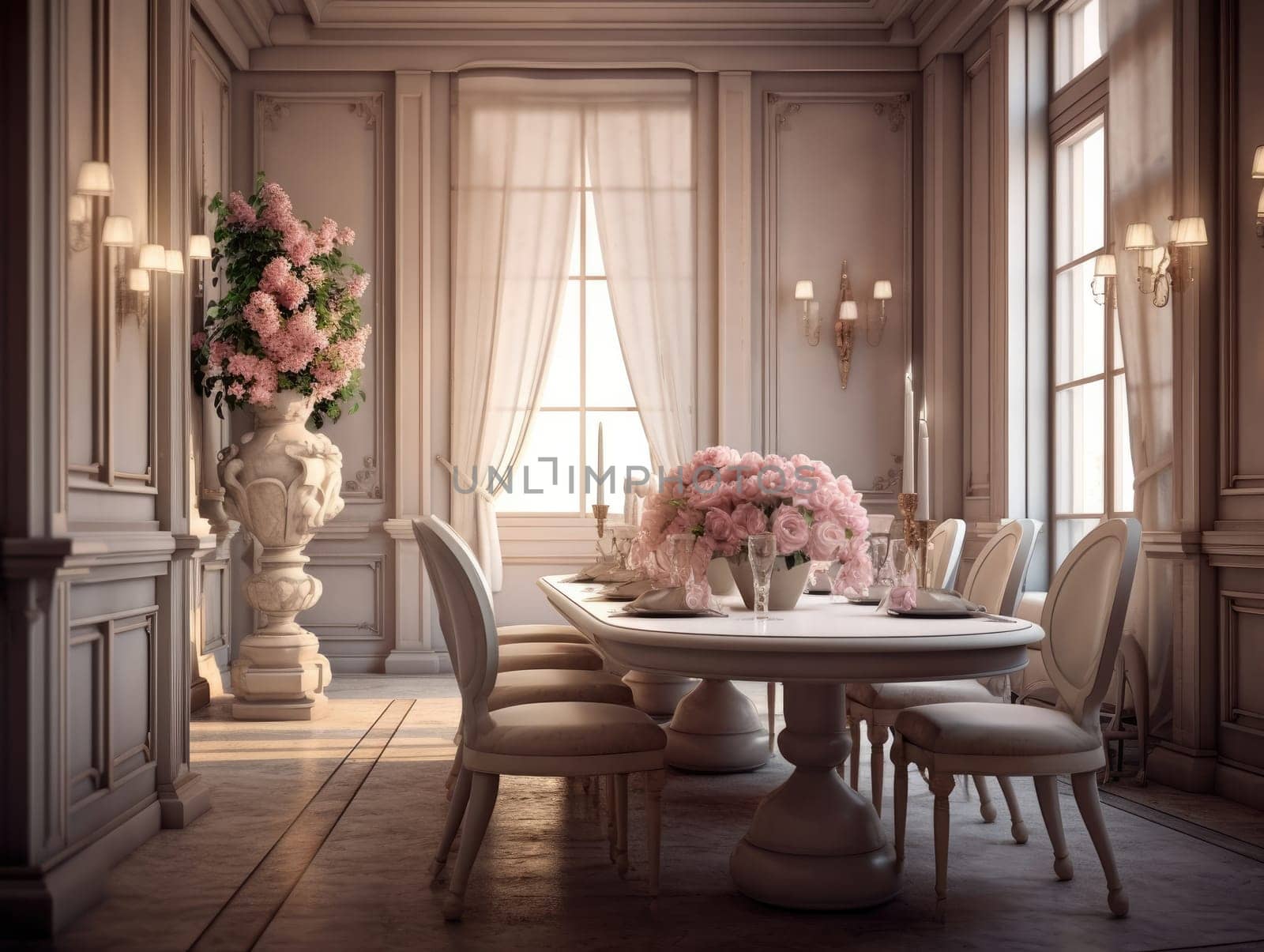 Dining room for elegant dining room and dining sets, beautiful flowers in vases, in the style of warm. Generative AI.