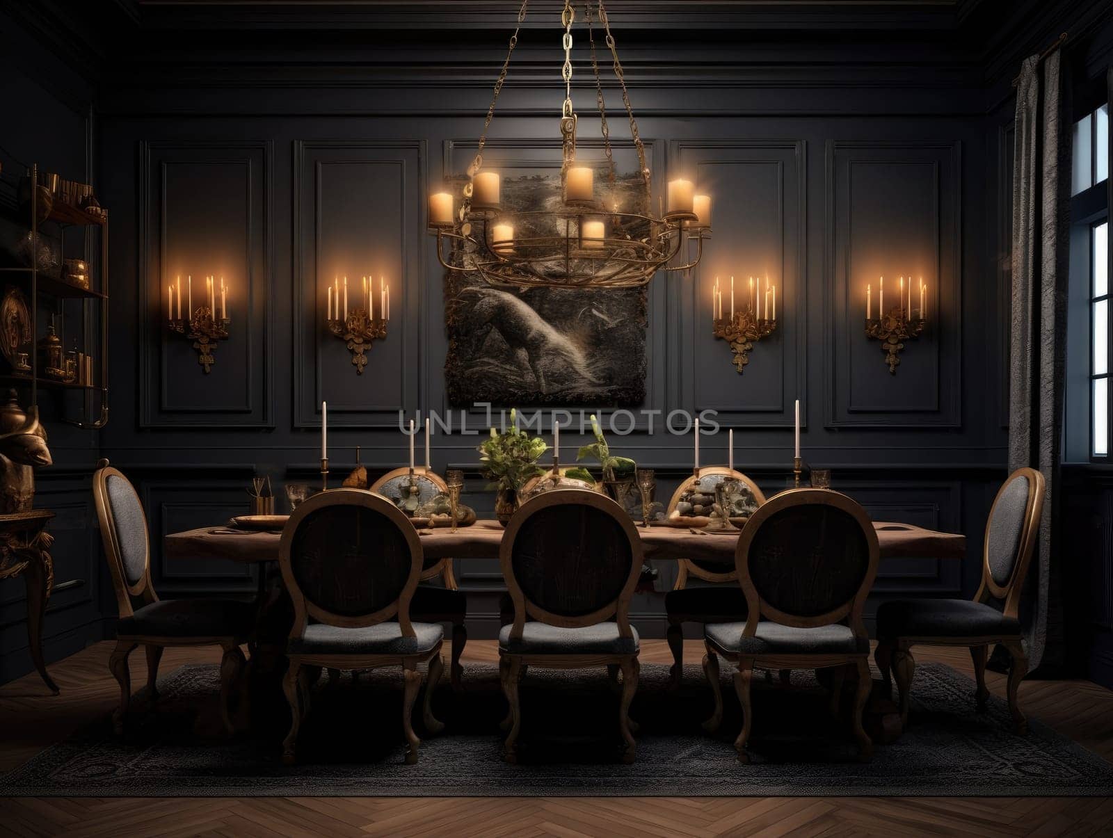 A modern dining room for vintage dining rooms and dining sets, in the style of dark and candlelight. Generative AI.