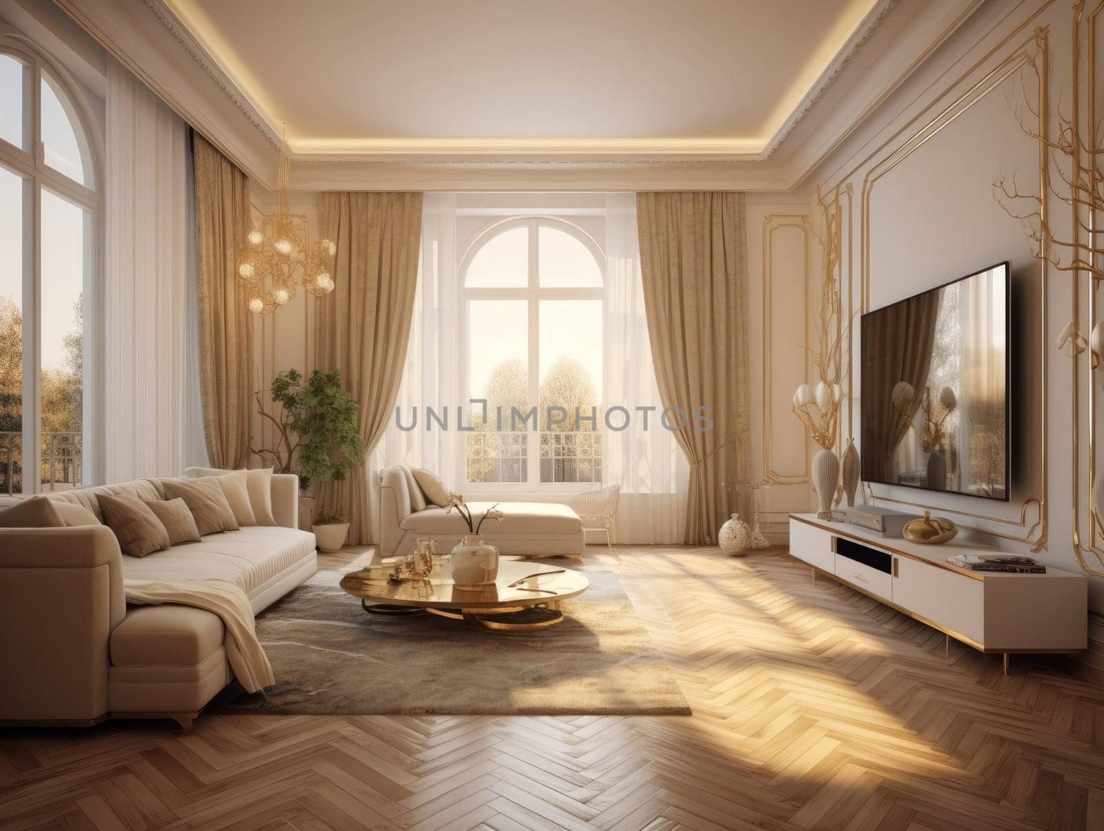 luxury living room in the style of white and gold with a TV on the cabinet, a sofa, and an expansive window. Generative AI.