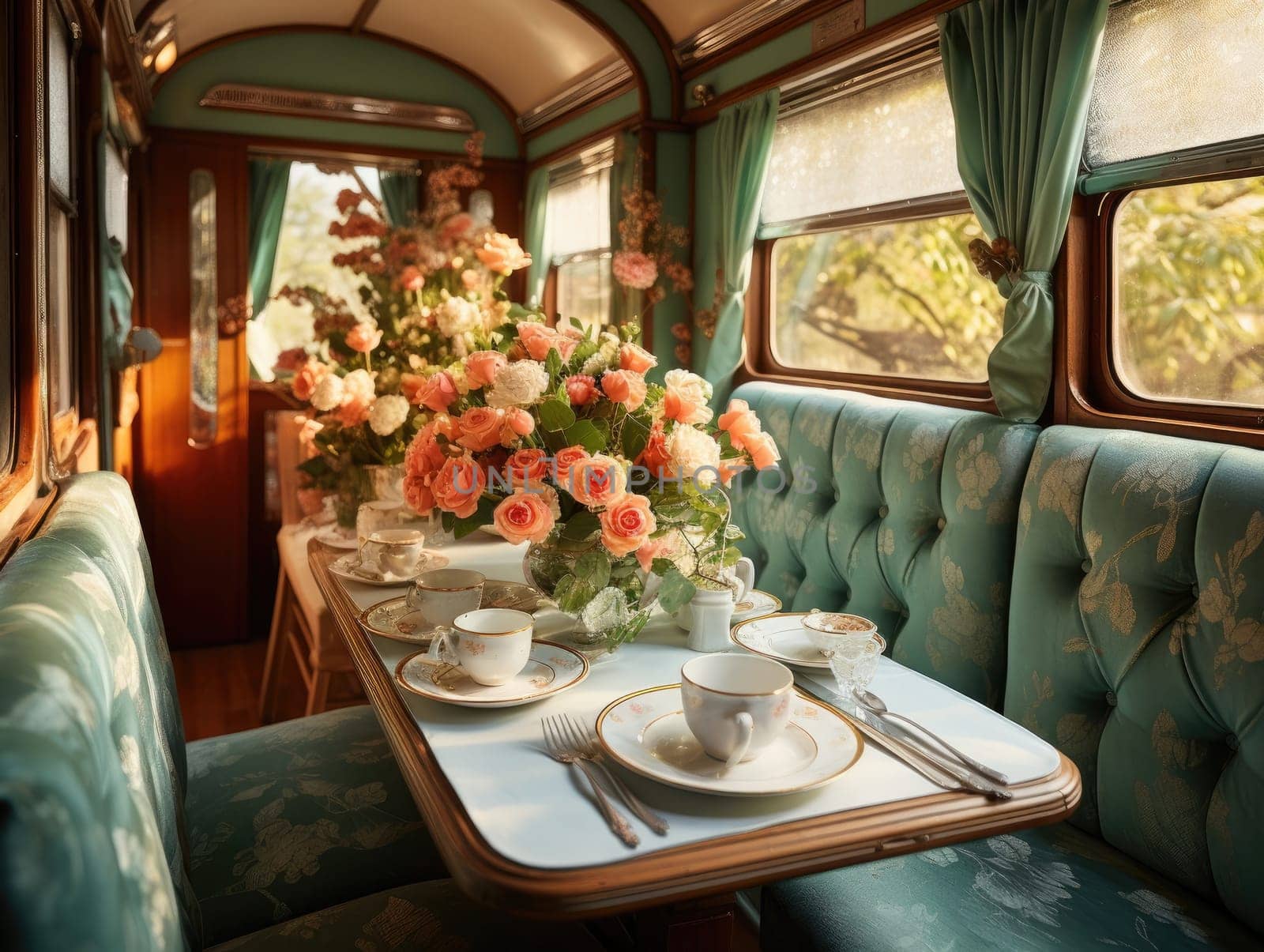 The interior of the train with a table, seats in light green, a flower vase on the table, and romantic scenery. Generative AI.