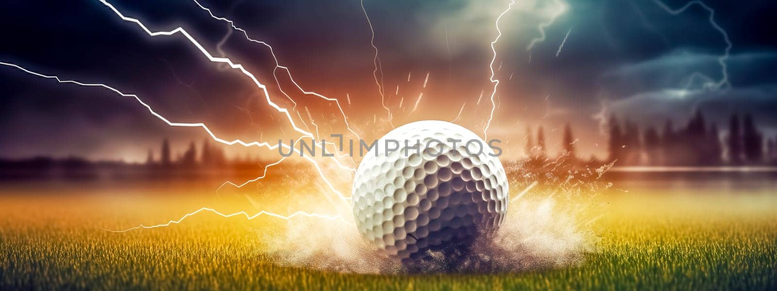 golf ball on green lawn, motion energy and lightning, banner made with Generative AI by Edophoto