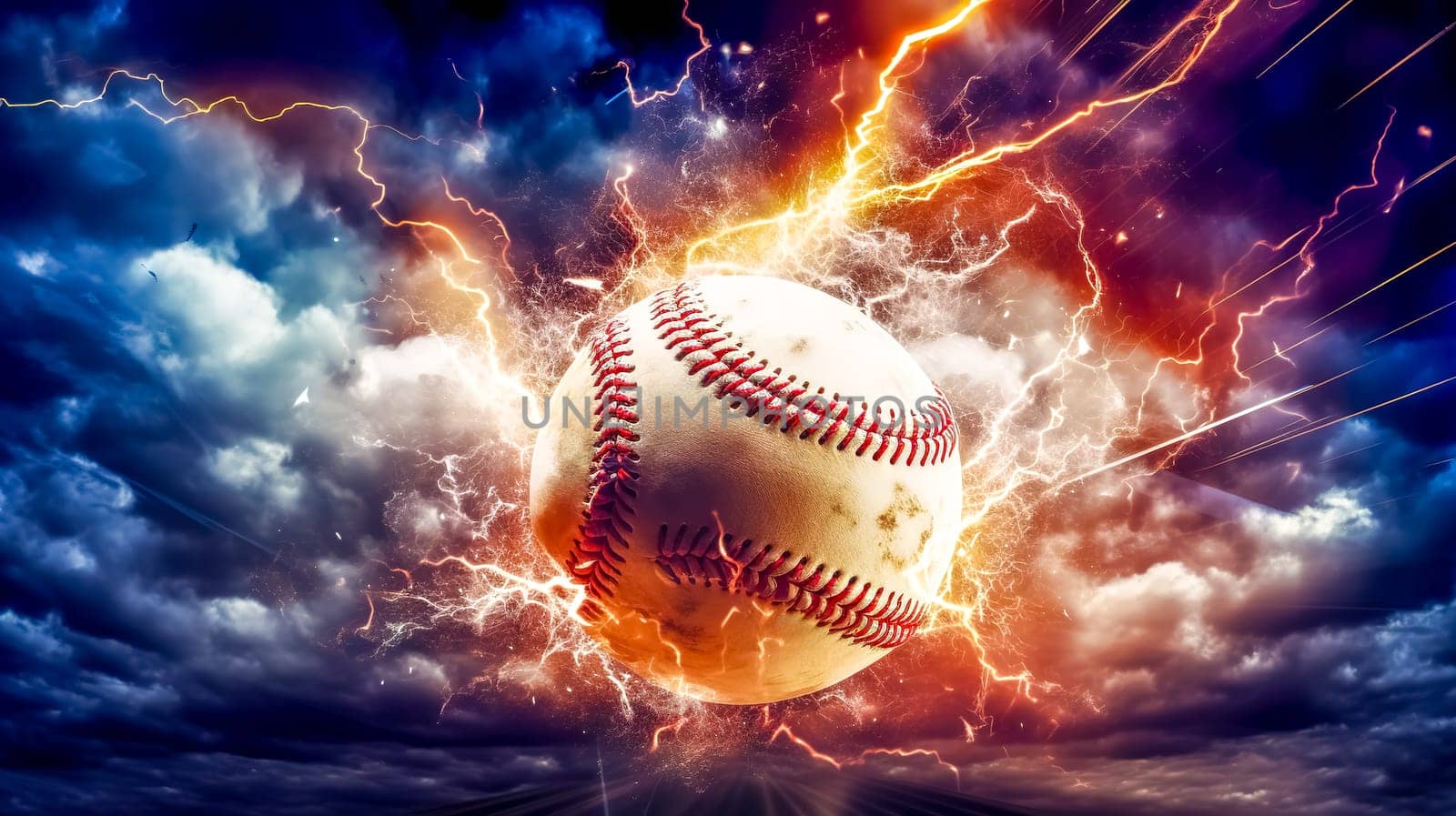baseball ball in a colorful explosion of fire energy and movement in sky, sports performance, made with Generative AI by Edophoto