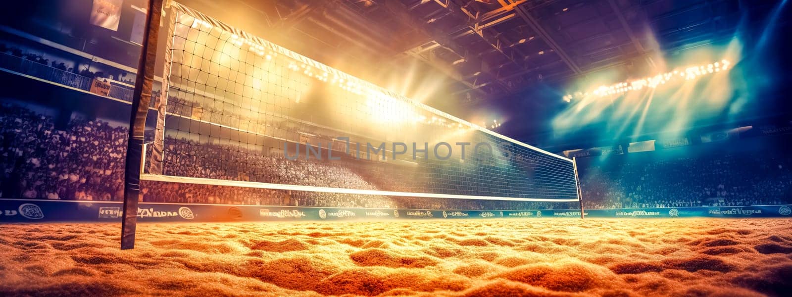 sandy beach volleyball courts, sports matches at sunset, banner made with Generative AI. High quality illustration
