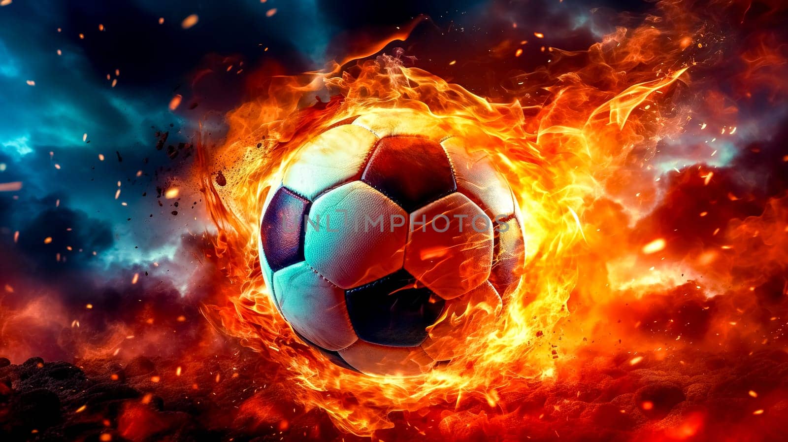 soccer ball in a colorful explosion of fire energy and movement, sports performance, made with Generative AI. High quality illustration