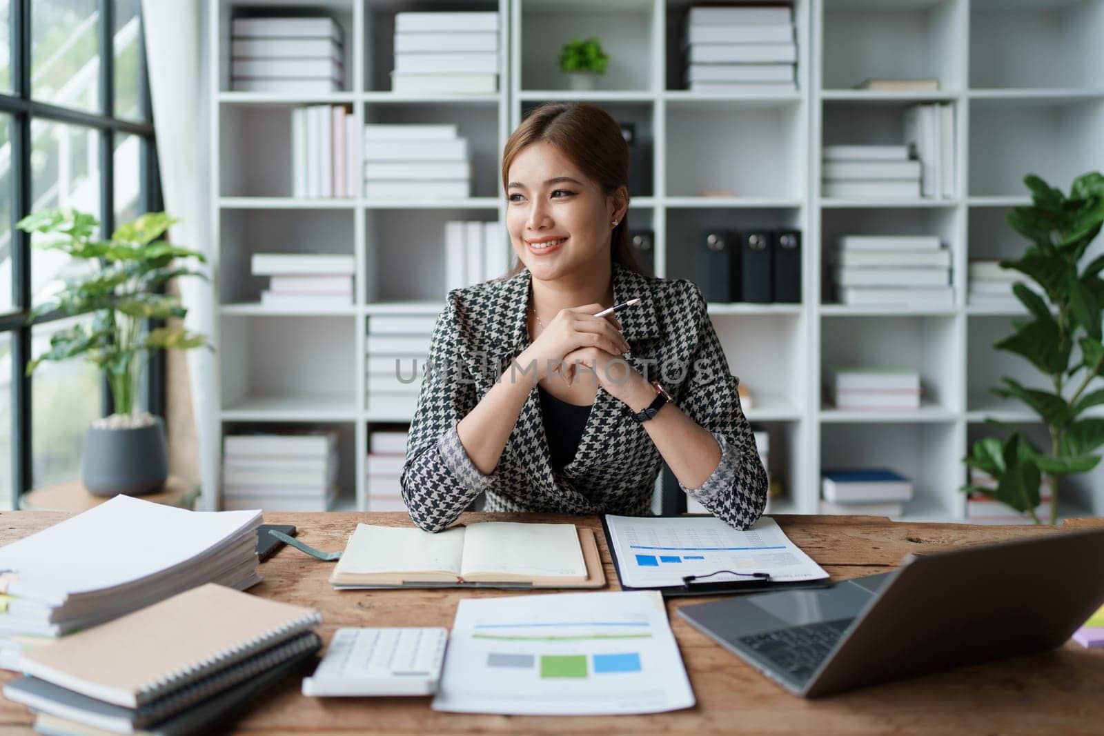 Business, finance and employment, female successful entrepreneurs concept. Confident smiling asian businesswoman, using laptop at work. by Manastrong