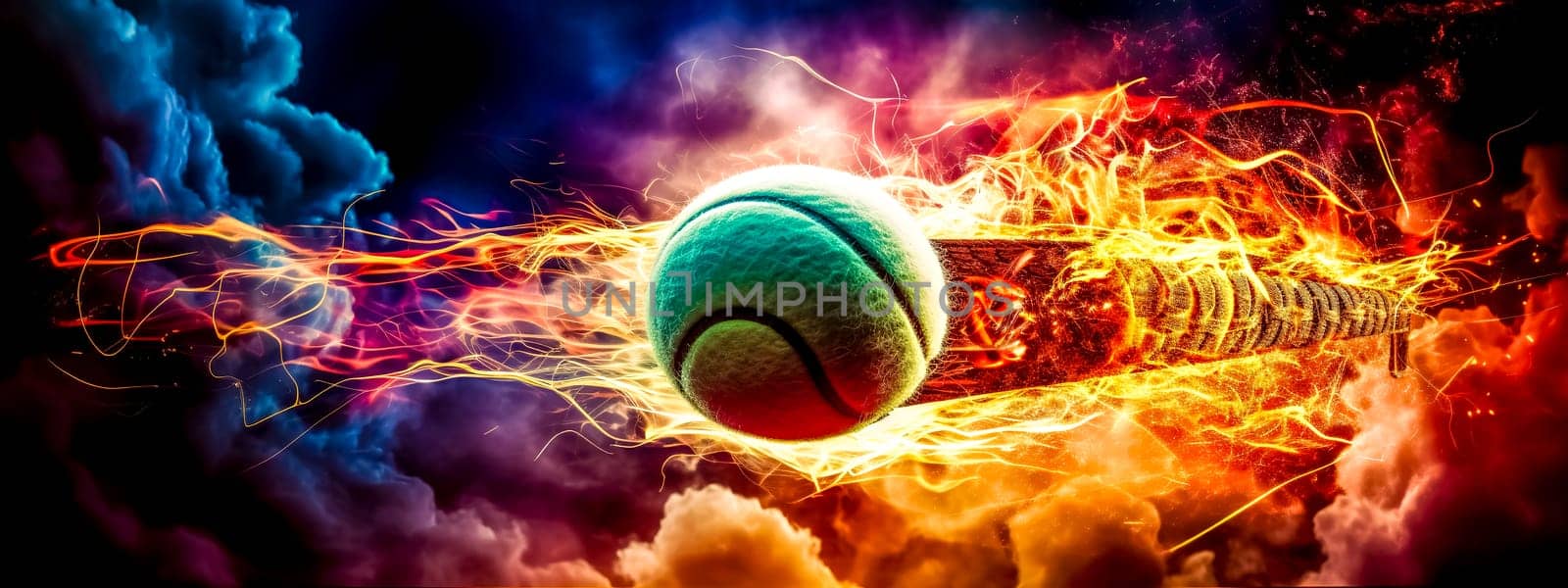 burning tennis ball and clay courts, motion energy and lightning, banner made with Generative AI by Edophoto