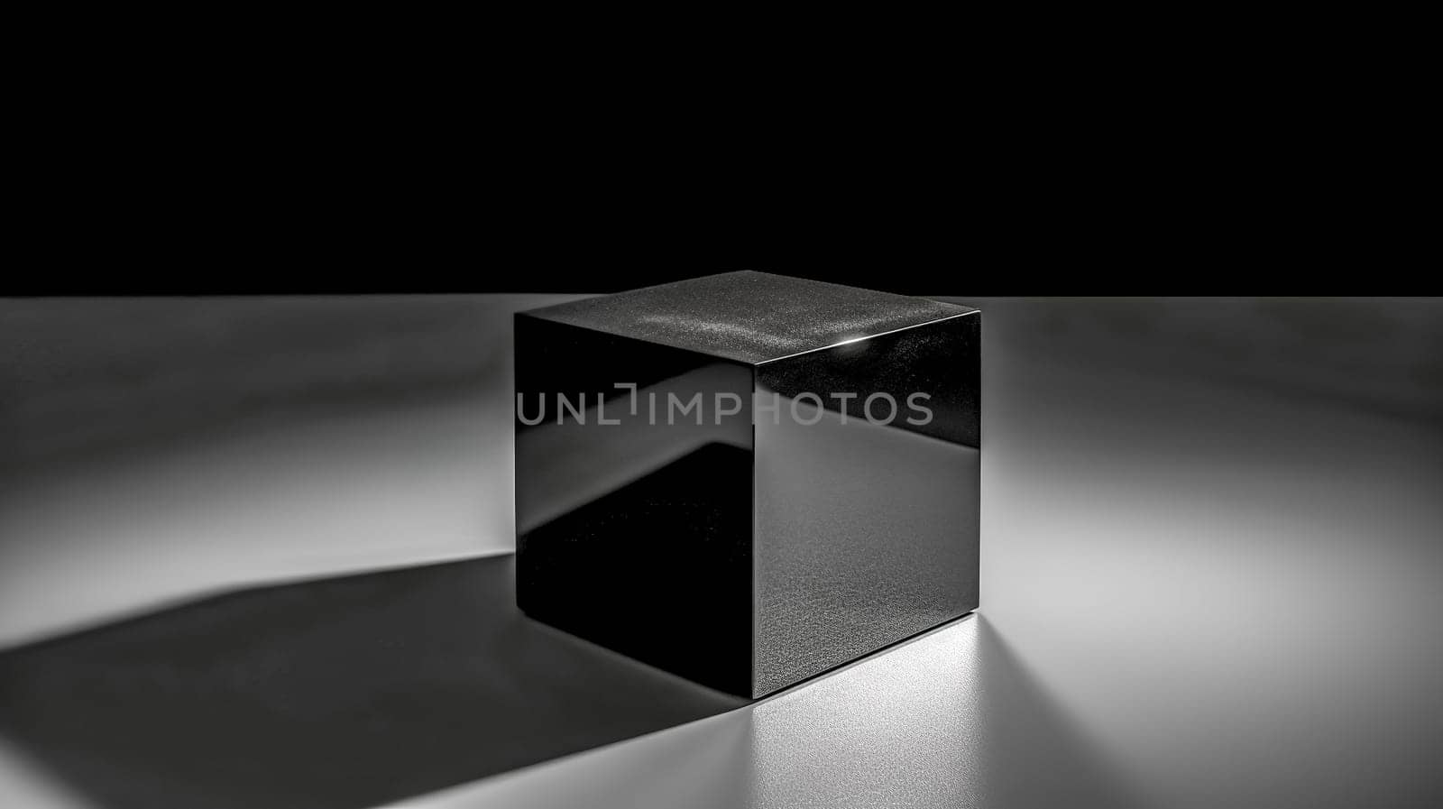 dark glass cube reflects light and creates geometric shadows, made with Generative AI by Edophoto