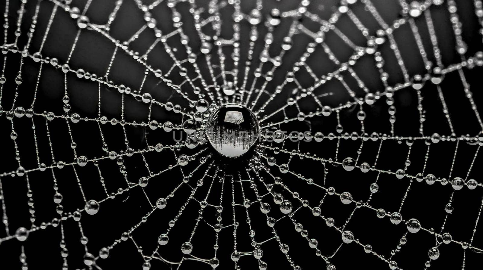 creative spider web on dark background, water drops with reflections, black and white, made with Generative AI by Edophoto