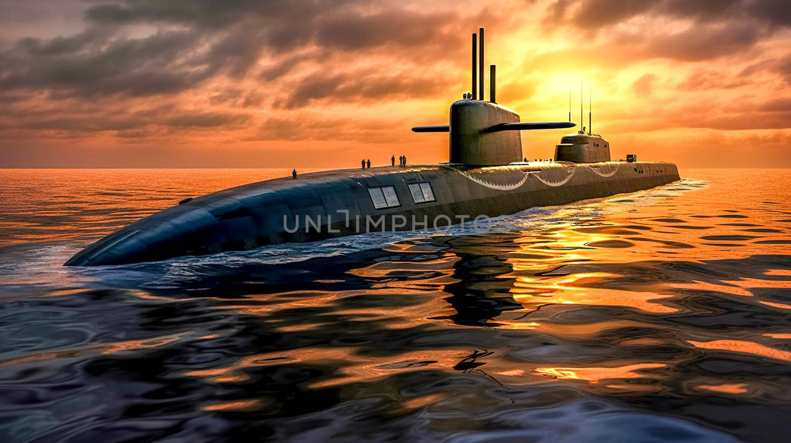 military submarine on the water surface of the ocean at sunset, banner made with Generative AI by Edophoto