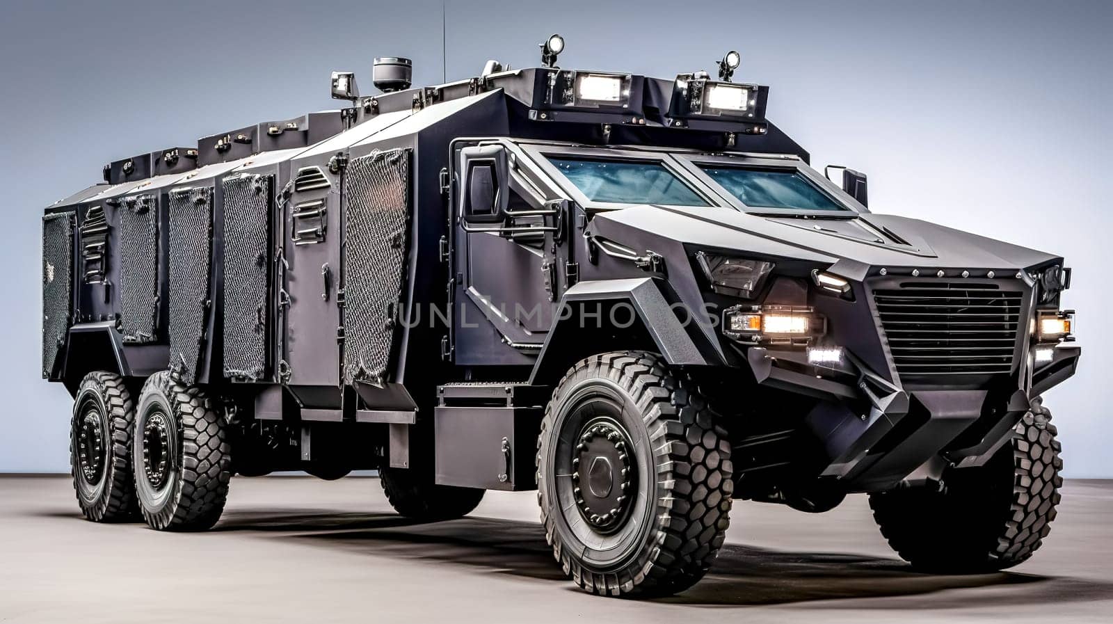 armored vehicles of special forces, for interventions in the city and transportation of money, made with Generative AI. High quality illustration