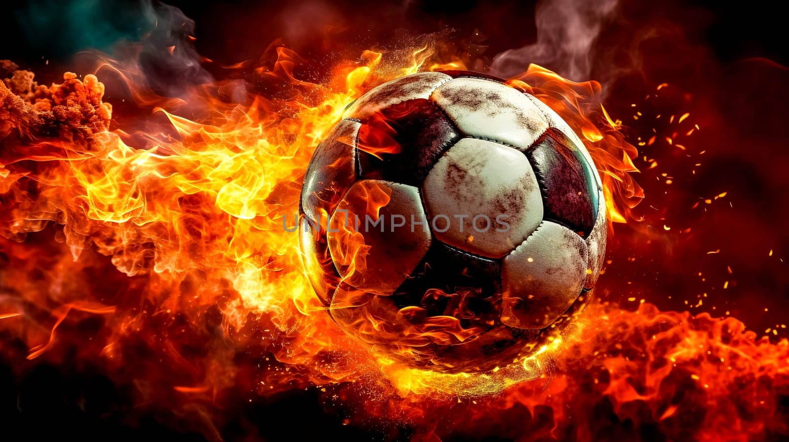 abstract soccer ball in a red explosion of fire energy and movement, sports performance, made with Generative AI by Edophoto