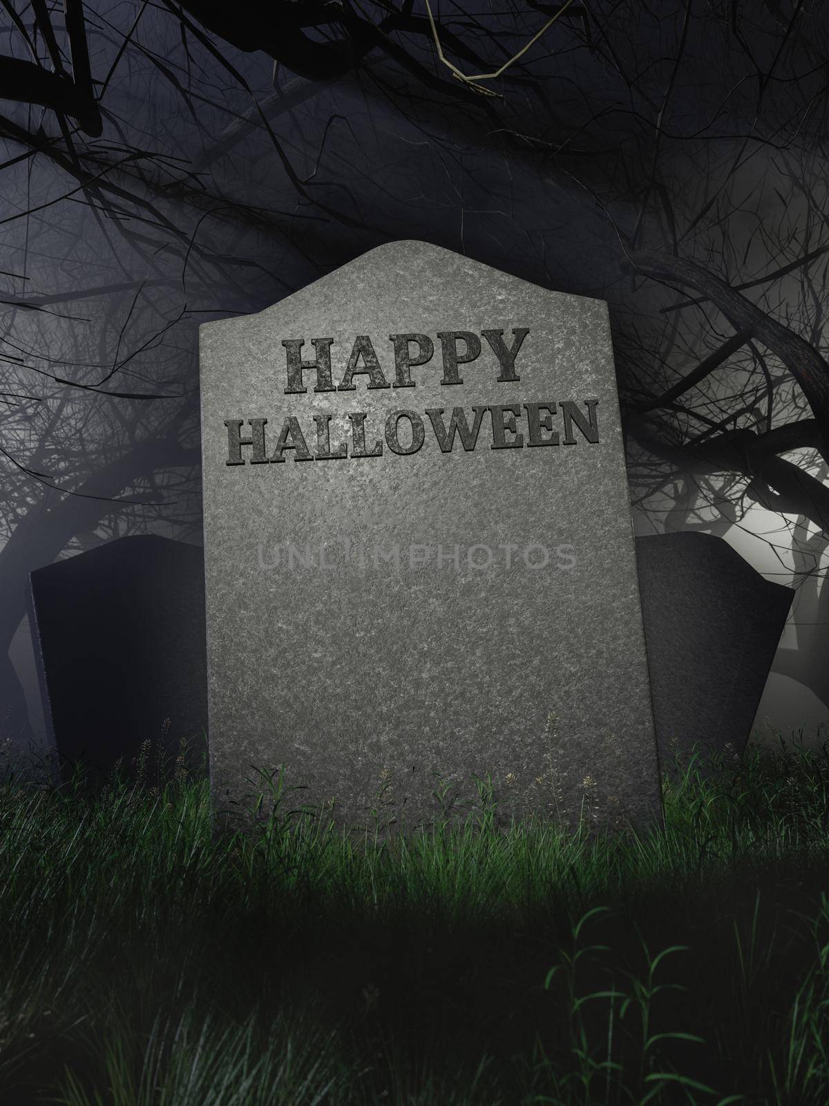 happy halloween poster on a tombstone in a gloomy forest with fog. space for design. 3d rendering