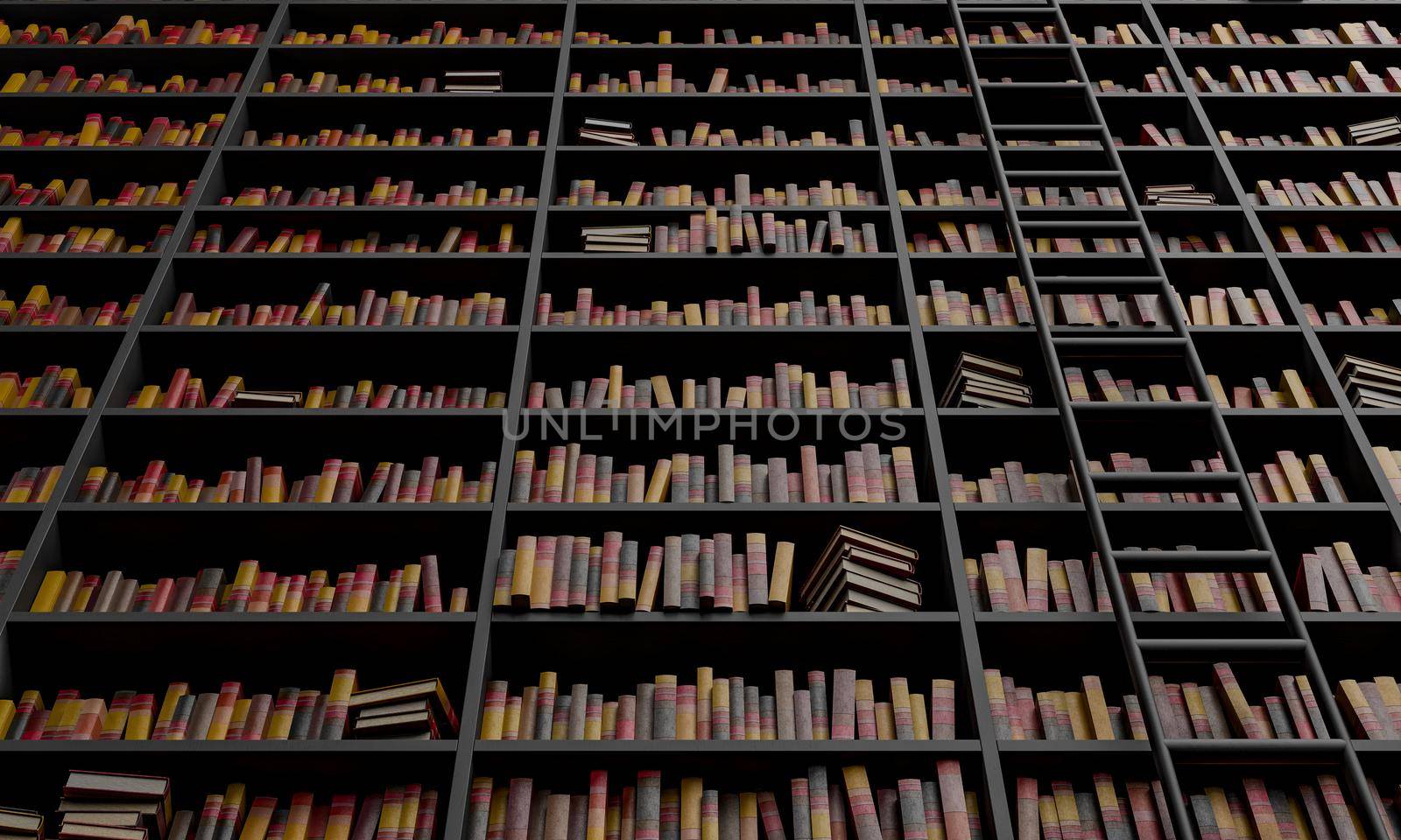 bottom view of a large library with stairs on one side. 3d rendering