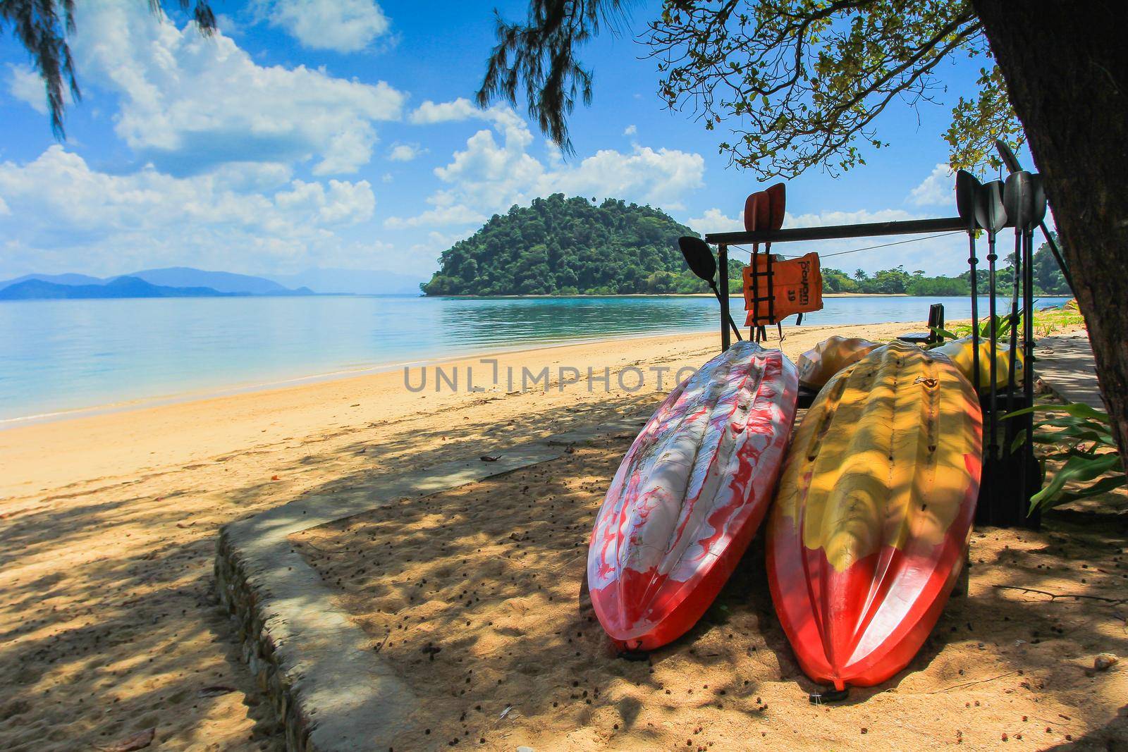 Sea Kayaks Stacked on Beach Under Palm Trees by Wmpix