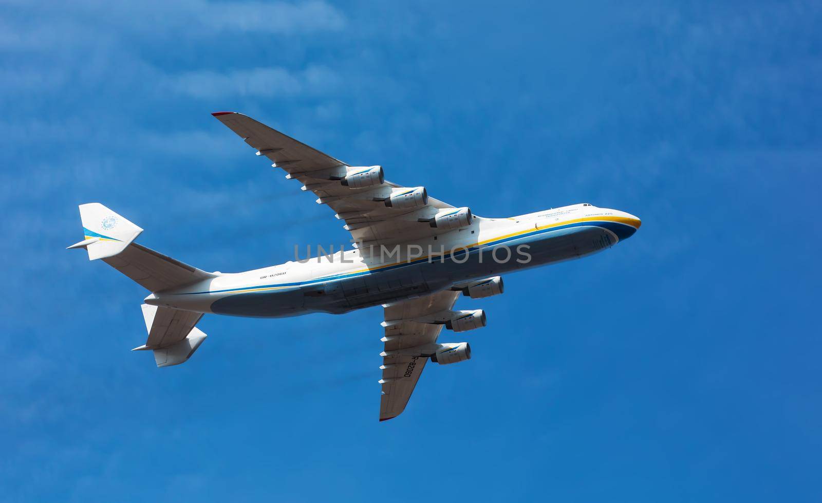 KYIV, UKRAINE - Aug 24, 2021: Celebrating the 30th anniversary of Ukraine independence. The plane Antonov 225 AN-225 Mriya, the biggest airplane in the world in the sky over Kyiv during the parade