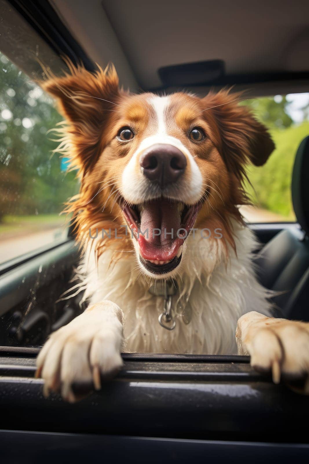 Road trip and vacation. Cute dog looking out of car window , AI Generated