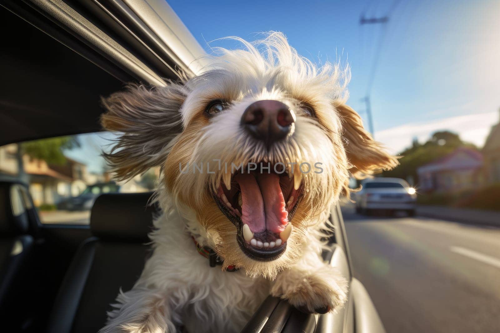 Road trip and vacation. Cute dog looking out of car window , AI Generated