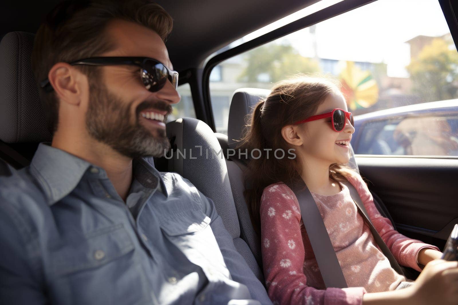 Road trip and vacation. Happy family of father and children in car driving on road, having road trip. AI Generative