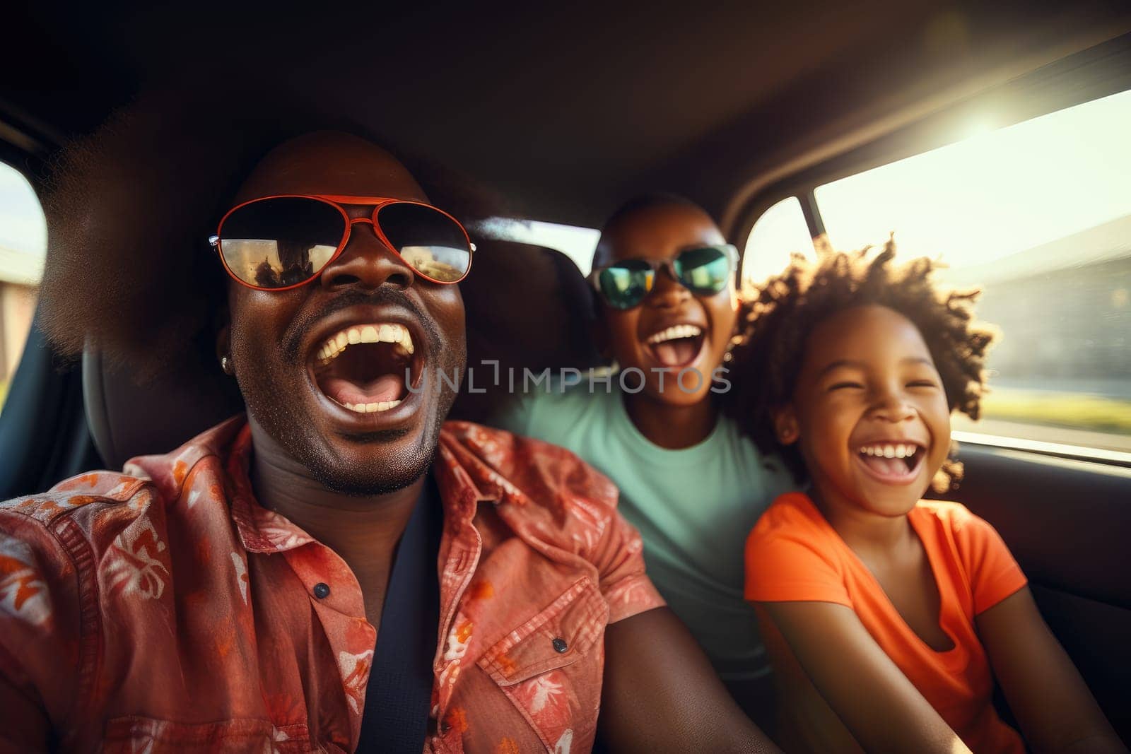 Road trip and vacation. Happy african american family of father and children in car driving on road, having road trip. AI Generative