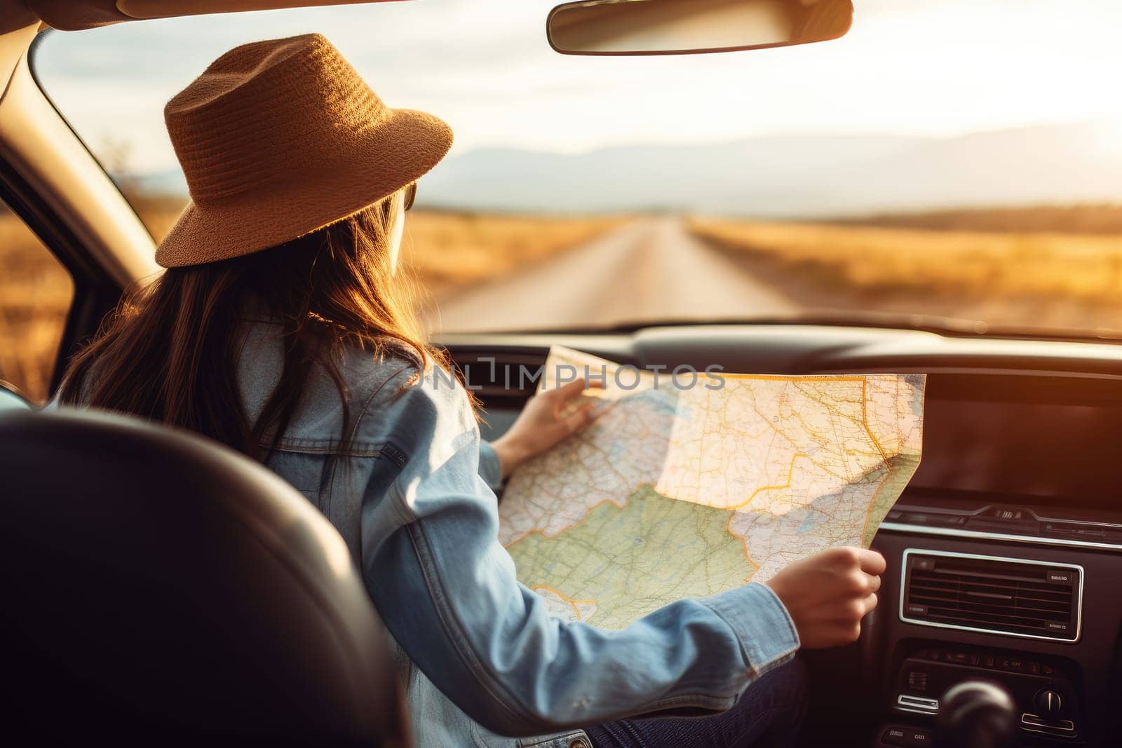 Travel, vacation and road trip. Woman traveling alone sitting in car with map, AI Generated .