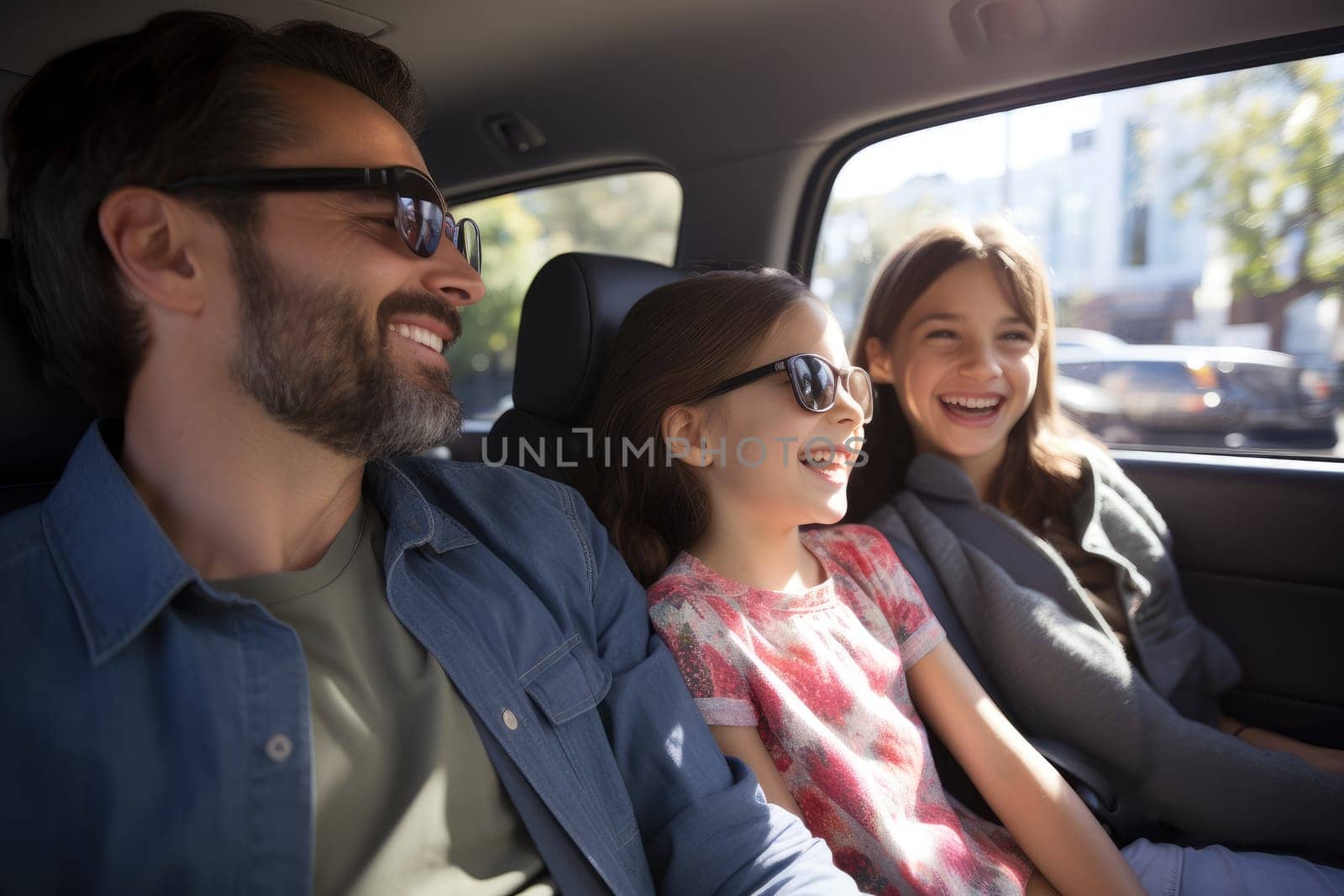 Happy family of father and children enjoying road trip together, AI Generative by Desperada