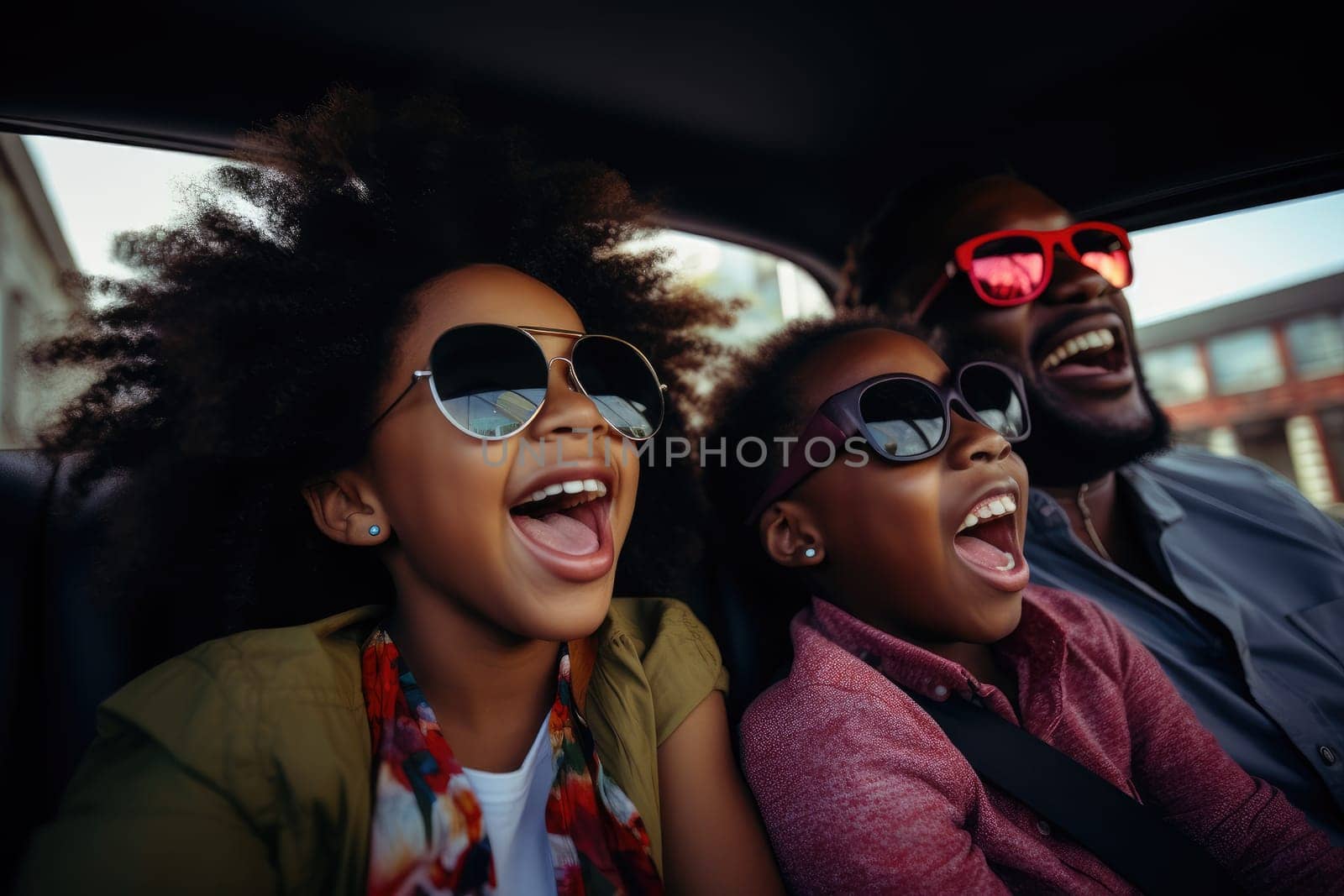 Happy african american family of father and children enjoying road trip together, AI Generative by Desperada