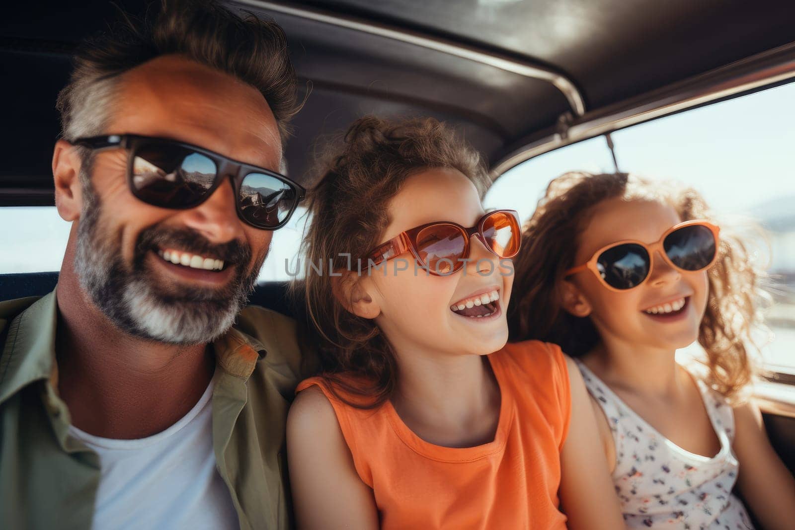 Happy family of father and children enjoying road trip together, AI Generative by Desperada