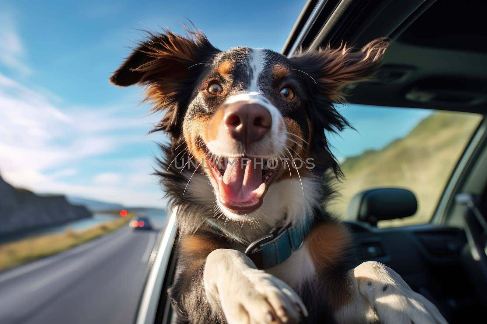 Cute dog looking out of car window , AI Generated by Desperada