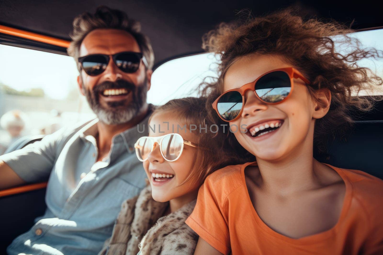 Road trip and vacation. Happy family of father and children in car driving on road, having road trip. AI Generative