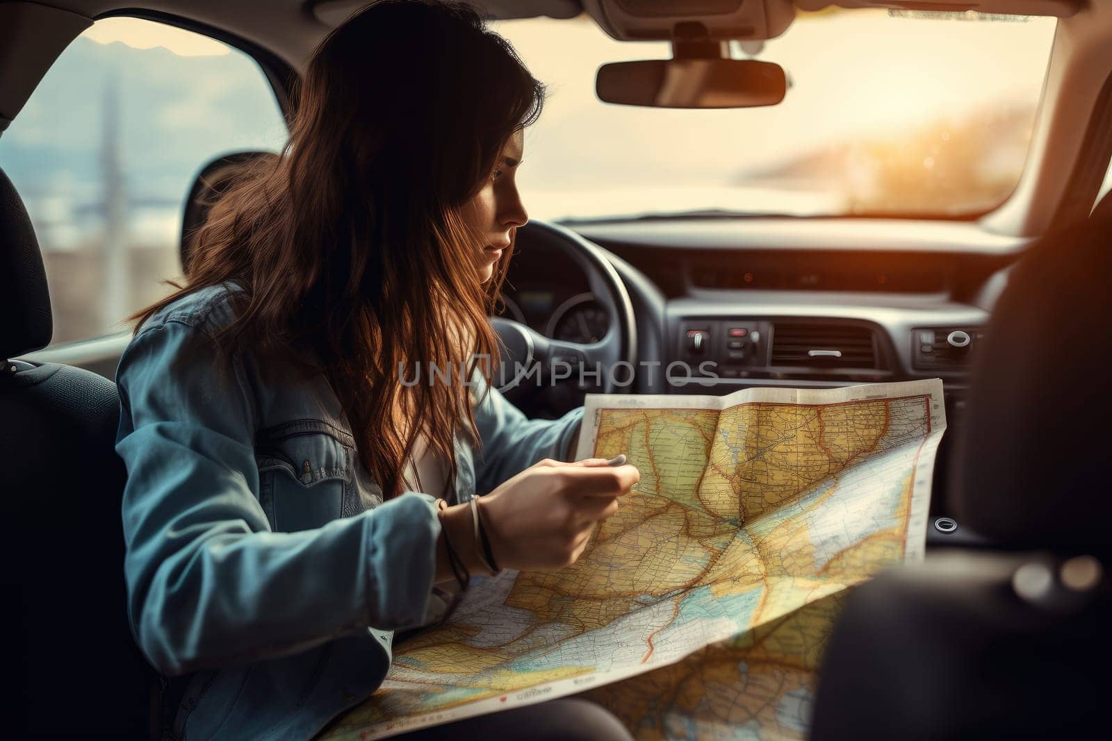 Travel, vacation and road trip. Woman traveling alone sitting in car with map, AI Generated .